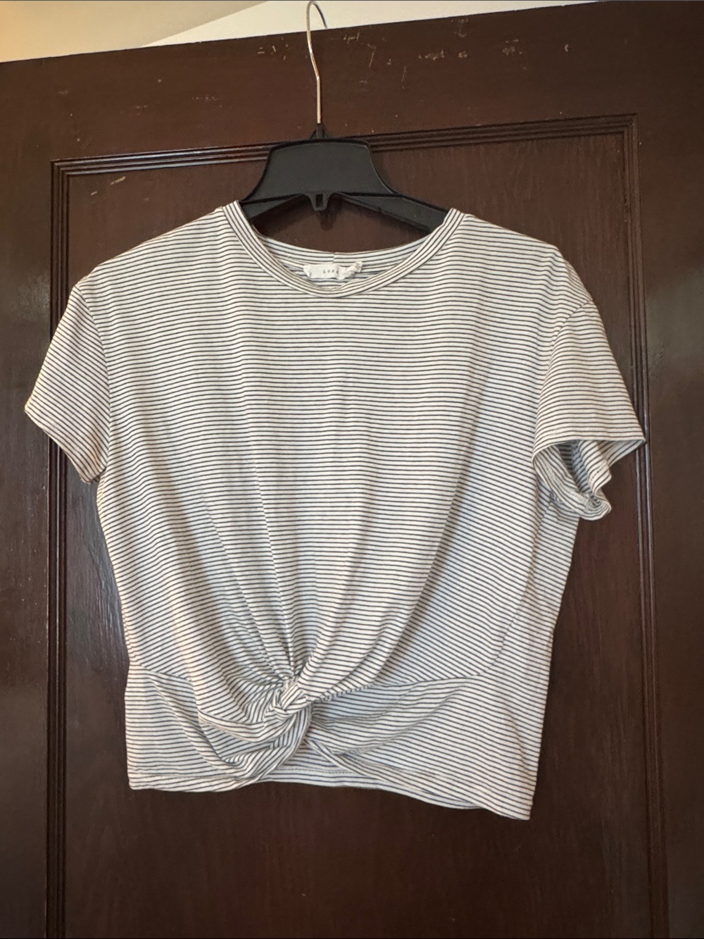 LUSH Striped Twist-Front Short Sleeve Top - White/Gray